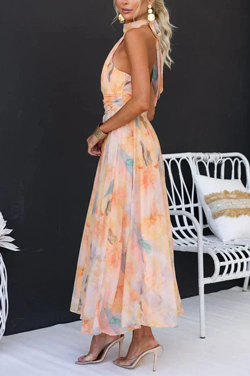 Women's Floral Maxi Dress - Halter Neck for Summer