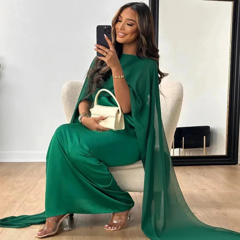 Women's Cape Maxi Dress - Elegant Flowing for Wedding Guest