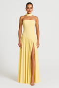 Women's Strapless Maxi Dress - High Slit with Choker Detail