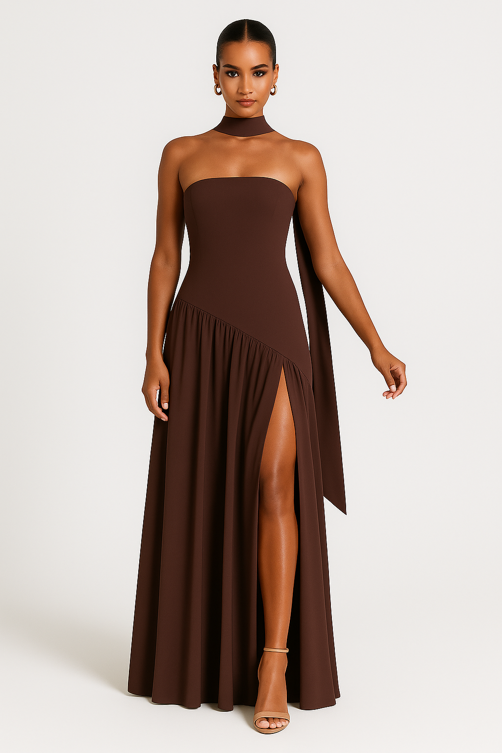 Women's Strapless Maxi Dress - High Slit with Choker Detail