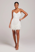 Women's Fringe Mini Dress - Feather Trim with V Neck