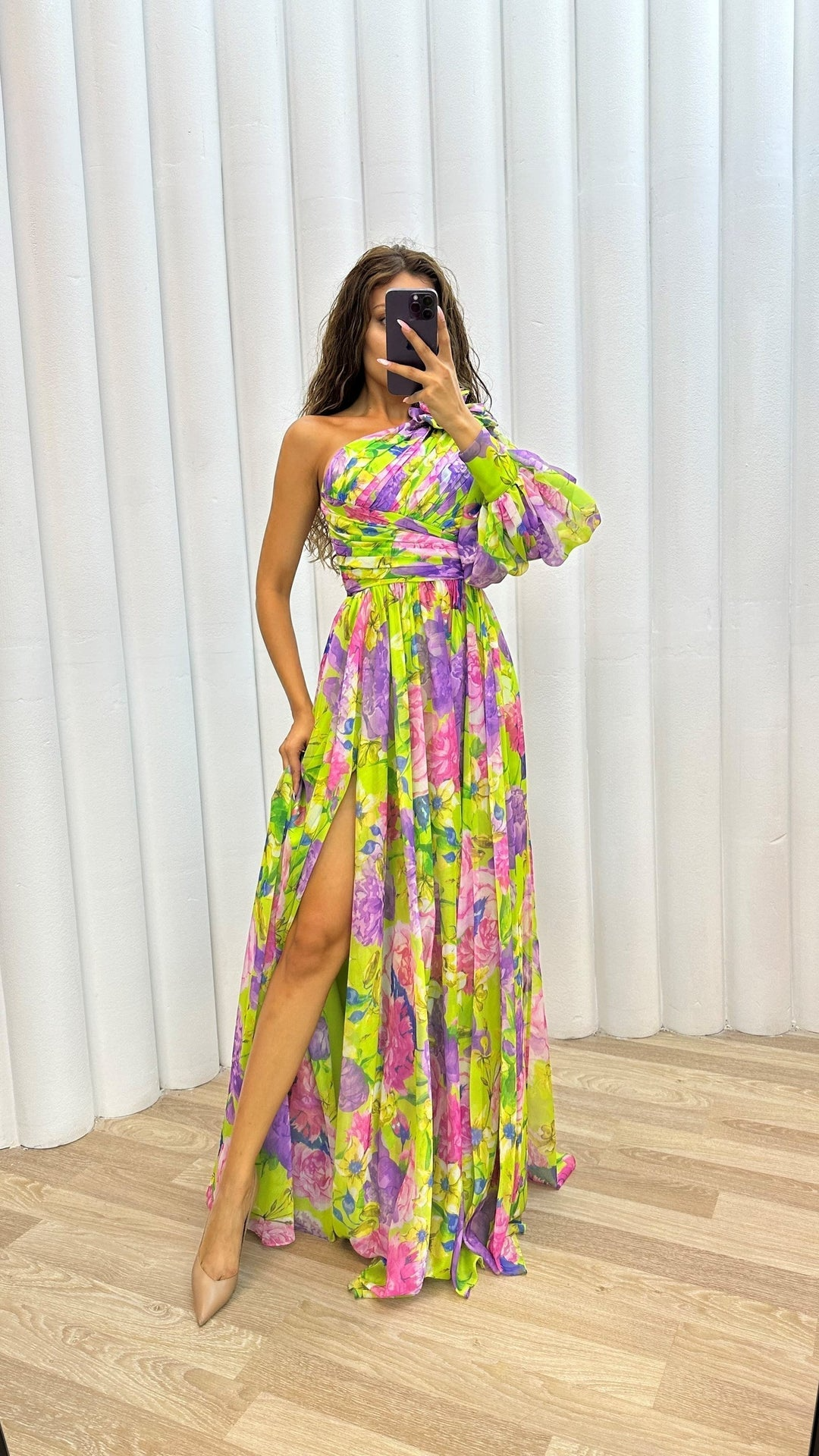 Women's One Shoulder Maxi Dress - Floral with High Slit